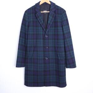 EXPRESS Tartan Plaid Wool Blend Topcoat Navy Green Long Sleeve Men's S